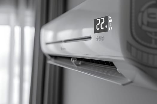 Side view of a modern air conditioner on a white wall.