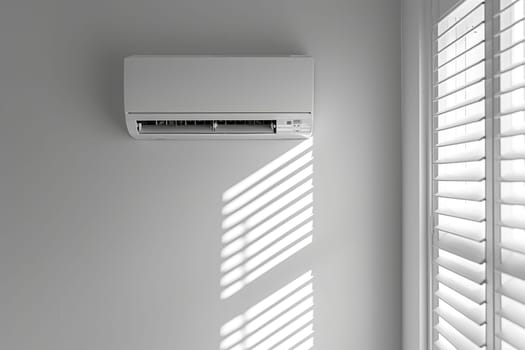 Air conditioner on a white wall by the window.