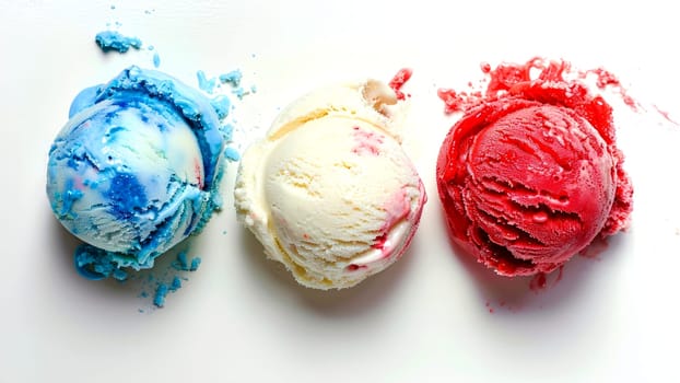 Top view of red, white, blue ice cream balls on white background