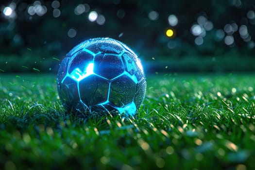 Neon soccer ball on green grass.