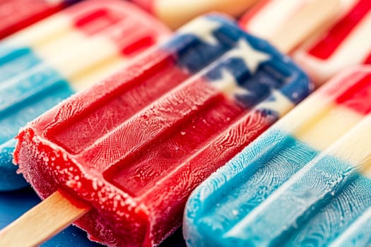 American flag popsicles in red, white, and blue on wooden sticks, closeup view.