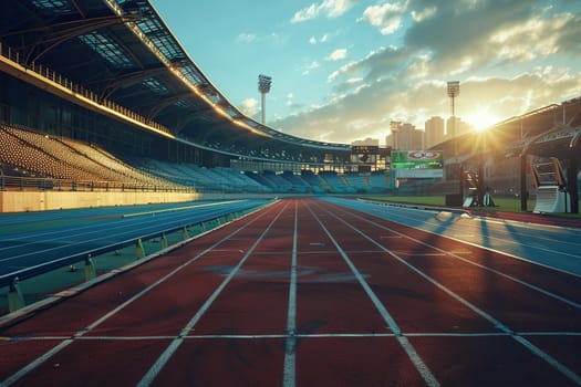 Red running track on the sports ground of a modern stadium. Treadmill at the stadium. Hobbies and recreation.