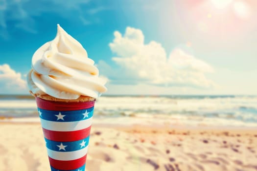 A cone of ice cream on sandy beach with ocean in background