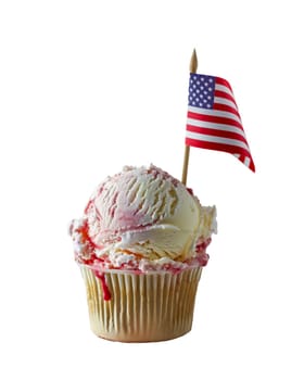 Cupcake with american flag, vanilla ice cream