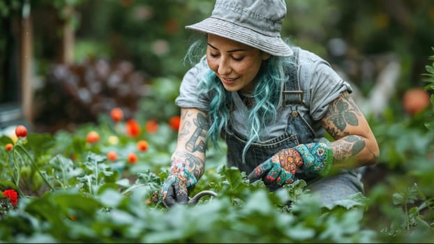 Non-binary person with tattoos and blue hair working in a vibrant vegetable garden.