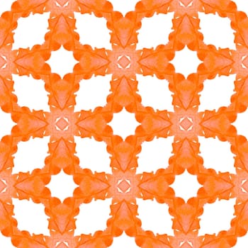 Ikat repeating swimwear design. Orange emotional boho chic summer design. Textile ready outstanding print, swimwear fabric, wallpaper, wrapping. Watercolor ikat repeating tile border.