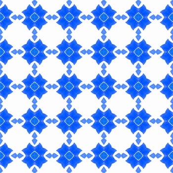 Textile ready resplendent print, swimwear fabric, wallpaper, wrapping. Blue grand boho chic summer design. Ikat repeating swimwear design. Watercolor ikat repeating tile border.