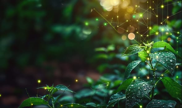 Abstract background with Plants digital nodes and green light