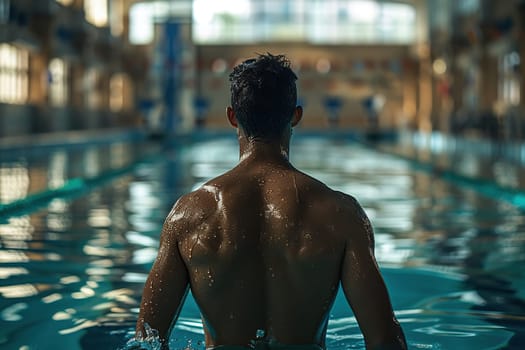 Rear view of a man swimming in a pool in splashes of water.