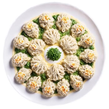 Pelmeni Mandala tender dumplings with savory filling spiraling into a mesmerizing mandala steam gently rising. Food isolated on transparent background.