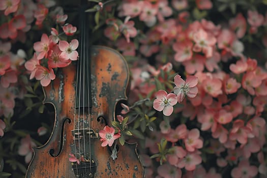 Vintage violin in flowers. Musical art beauty concept.