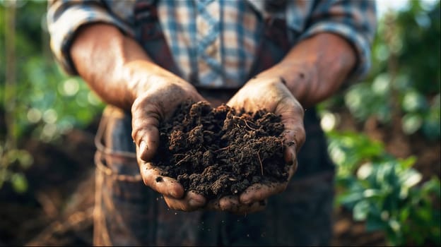 Farmer holding handful of dark soil with compost