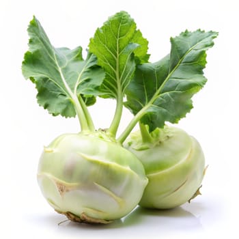 Kohlrabi (German turnip or turnip cabbage) two raw bulbs with fresh leaves isolated on white background . Ai generated image