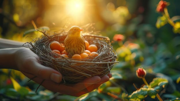 A bird's nest with a bird and eggs lies in the hands of a man.