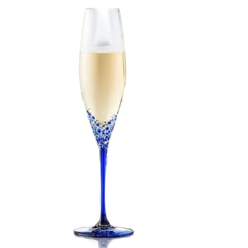 Orrefors Intermezzo Blue Drop Champagne glass cobalt blue crystal stem shimmering pale champagne dynamic diagonal. Close-up wine glass, isolated on transparent background