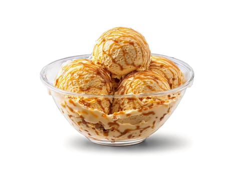 Ice cream caramel swirl with chunks of toffee in a transparent glass bowl sweet. Food isolated on transparent background.