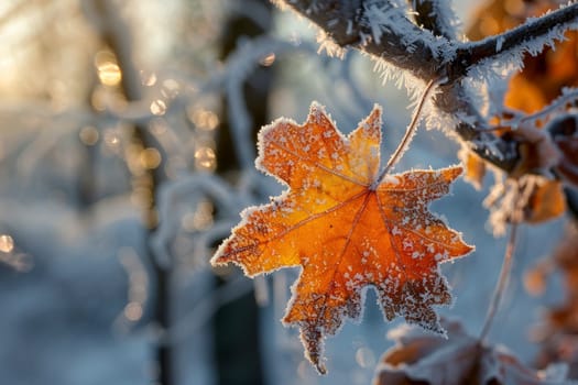 Frosty Morning on maple Leaf with frost in late autumn or early winter. Generated AI..