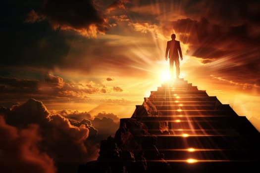 A Businessman climbing stairs to get success. Success and achievement concepts. generative ai.