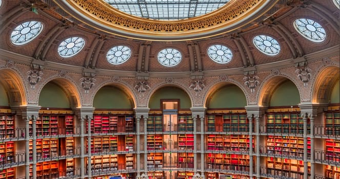 PARIS, FRANCE, OCTOBER 20, 2022 : Oval reading room in National Library, Richelieu site, Paris, france, built by architects Jean-Louis Pascal. and Alfred Recoura, from year 1897 to year 1932