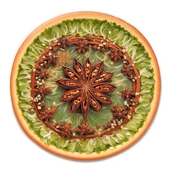 Pho spices mandala a circular design of star anise cinnamon and cloves with powder swirling. Food isolated on transparent background.
