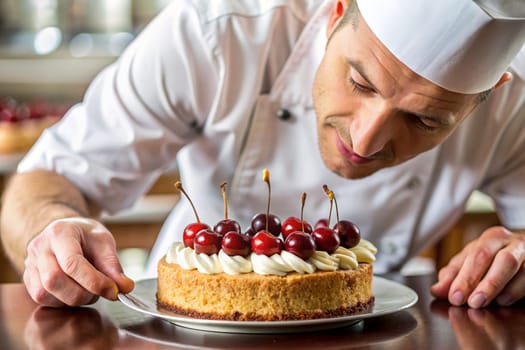 Man chef decorating a cherry cake in the kitchen. Male chef making a cake with cream. Ai generated image