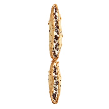 Cannoli with ricotta filling and chocolate chip ends in motion Food and culinary concept. Food isolated on transparent background.