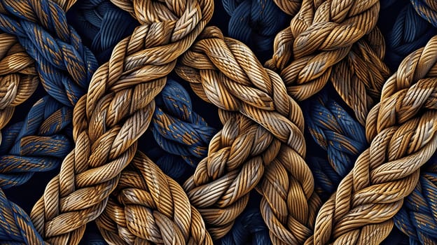 Horizontal background with rope texture. Interweaving blue and brown ropes.