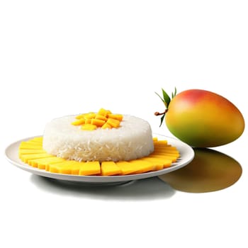 Mango sticky rice golden mound coconut cream drizzling mango slices fanned isolated on transparent Food. Food isolated on transparent background.