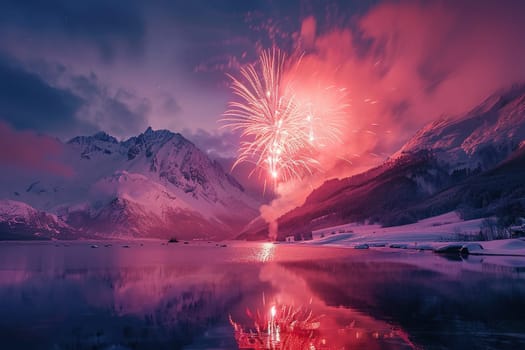 Colorful fireworks over the city and river in the mountains. Holiday celebration background.