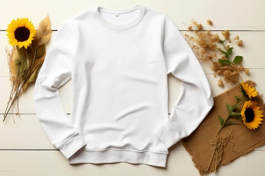 blank white Gildan 18000 sweater flat lay mockup in summer vocation. Generative AI.