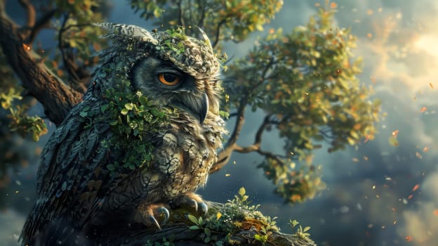 An owl sitting on a branch and inscribed in nature. The concept of the animal world.