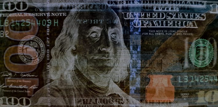 Series, year and number have been changed. Not for copying. Close-up of a $100 bill with negative effect.
