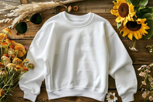 blank white Gildan 18000 sweater flat lay mockup in summer vocation. Generative AI.