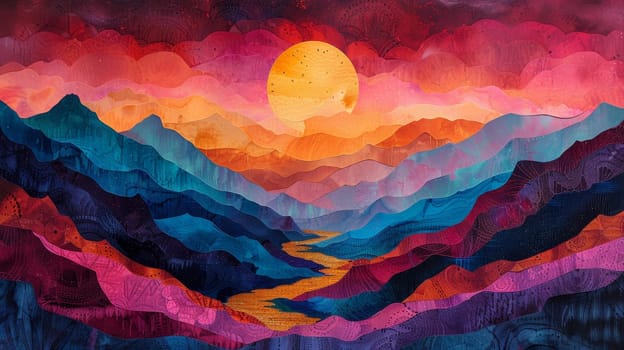 Stylized landscape, abstract view of mountains, river and setting sun. Illustration.