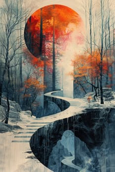 Stylized landscape, abstract view of winding road and setting sun. Illustration.