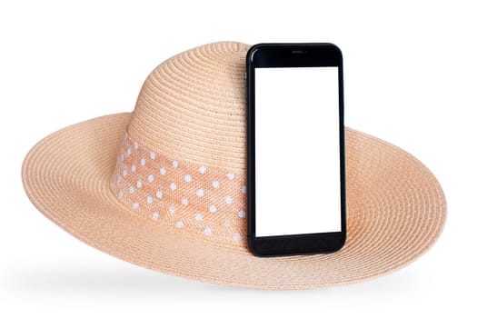 Phone with white screen and summer hat isolated on white background. Mockup