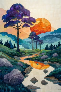 Stylized landscape, abstract view of mountains and setting sun. Illustration.