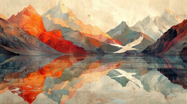 Abstract art mountains by the lake. Illustration.