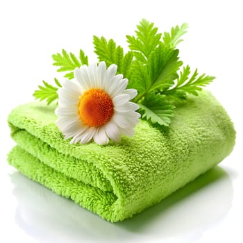 Green terry towel and chamomile flower, care hygiene and cleanliness. Generated AI illustration.
