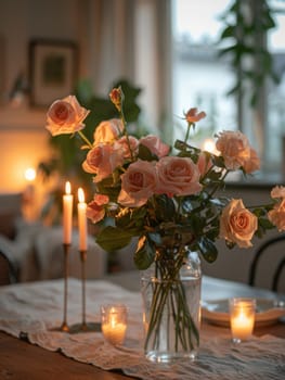 A table with a vase of red roses and a chair. The room is dimly lit, giving it a cozy and intimate atmosphere