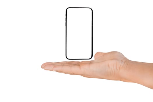 Female hand holding the phone on isolated white background.