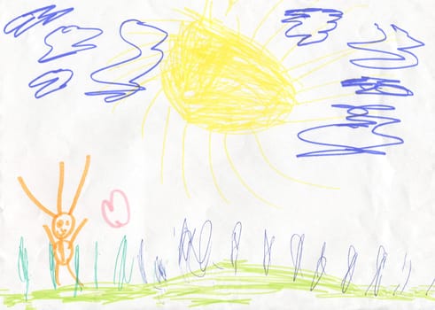 Hand Drawing Summer Garden. Crayon, Pastel Chalk or Pencil Simple Funny Sketch Doodle. Children Illustration with Women, Girl, Meadow, Sun, Clouds and Little Heart.