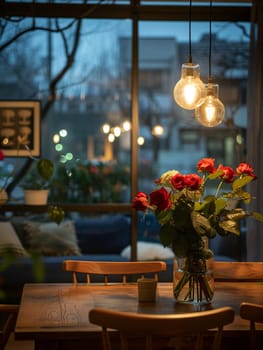 A table with a vase of red roses and a chair. The room is dimly lit, giving it a cozy and intimate atmosphere