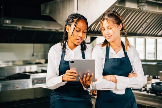 Two famous chefs discuss video blog in a professional stainless steel kitchen using a tablet. Professionals smiling searching reading communicating with modern technology.