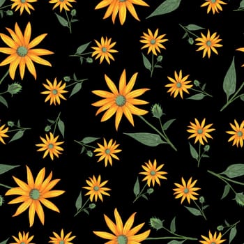 Topinambur Flower Seamless Pattern. Hand Drawn Floral Digital Paper on Black Background.