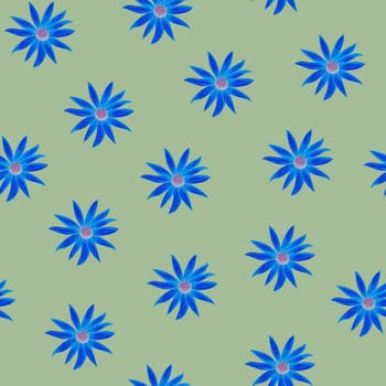 Daisy Blue Flower Seamless Pattern. Hand Drawn Floral Digital Paper on Green Background.