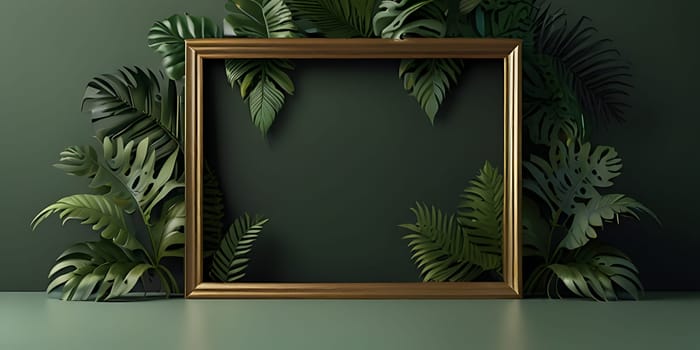Modern minimalistic composition of blank frame mockup against green tropical leaves on pastel background. Generative AI.
