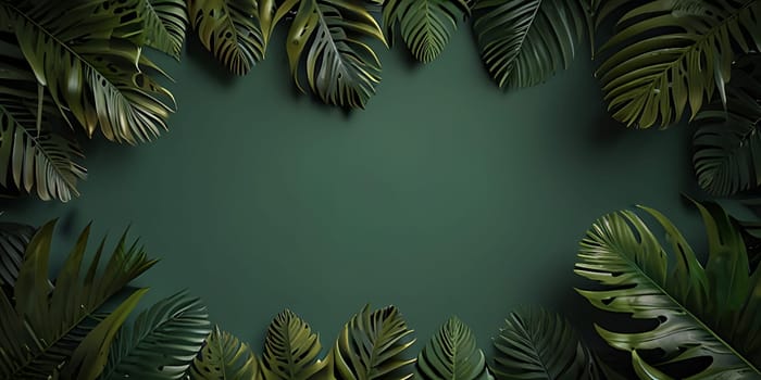 Modern minimalistic composition of blank mockup against green tropical leaves on pastel background. Generative AI.