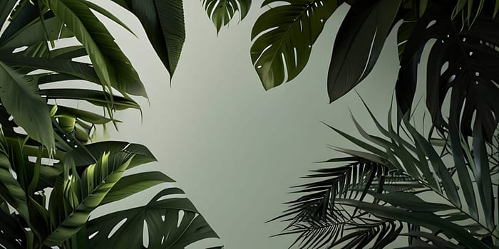 Modern minimalistic composition of blank mockup against green tropical leaves on pastel background. Generative AI.