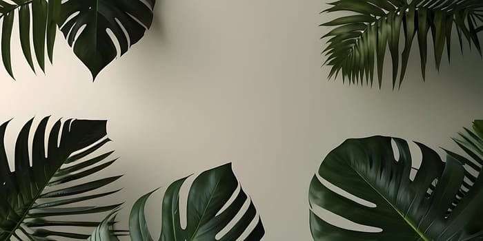 Modern minimalistic composition of blank mockup against green tropical leaves on pastel background. Generative AI.